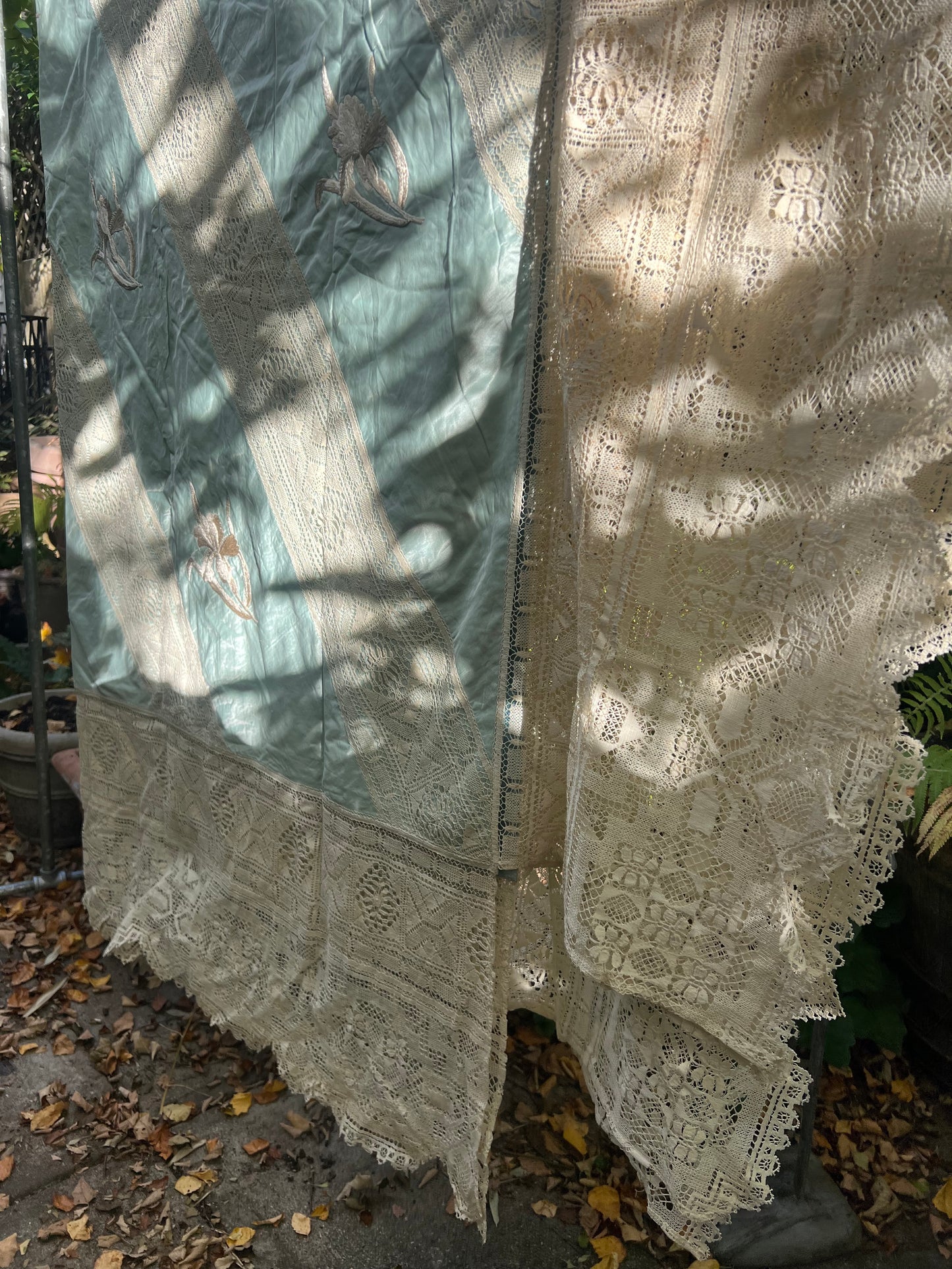 Vintage silk and lace bed coverlet