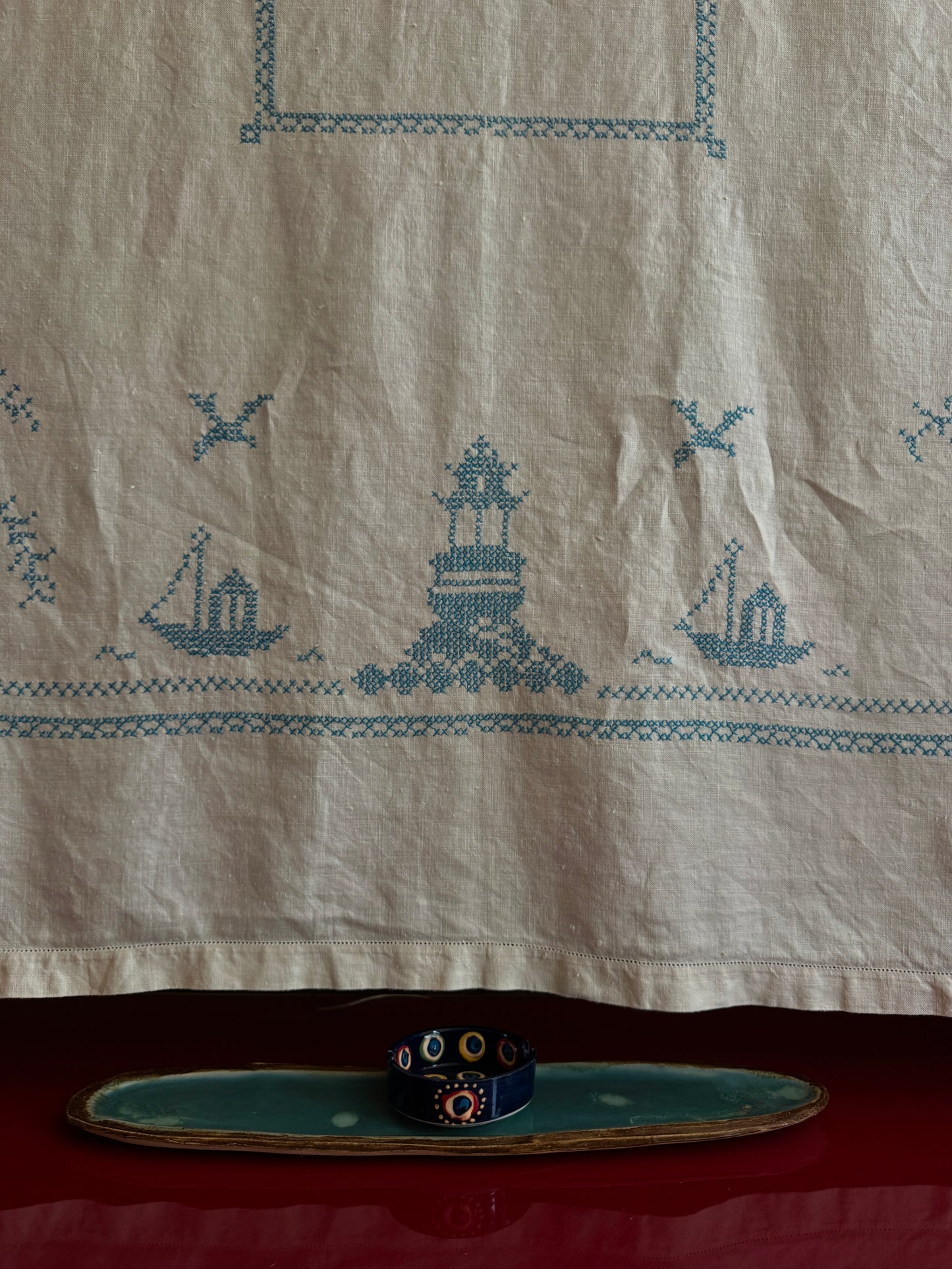 Vintage Linen Blue Cross Stitch Tablecloth