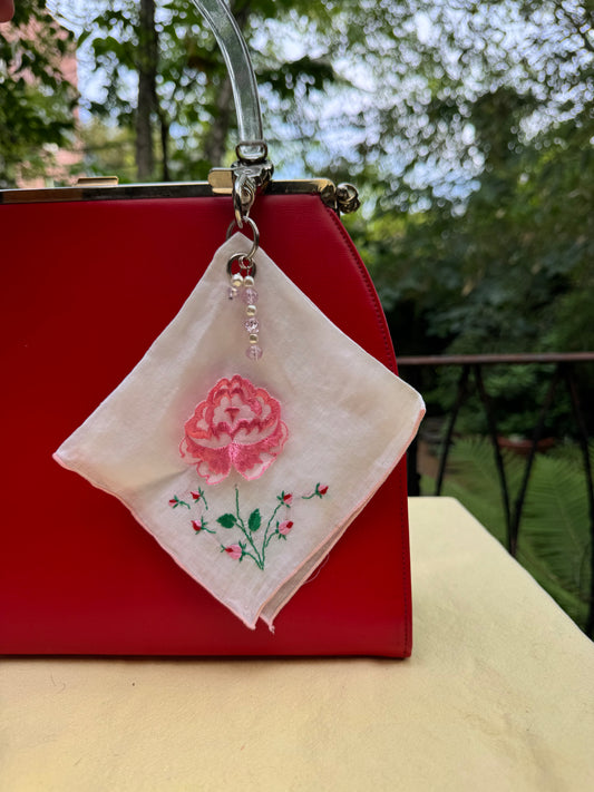 Vintage Pink Flower Handkerchief Bag Charm