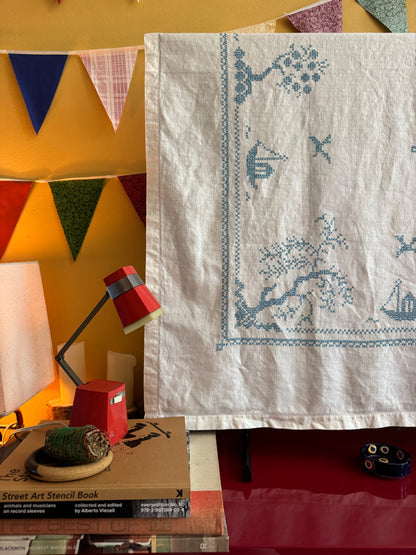 Vintage Linen Blue Cross Stitch Tablecloth