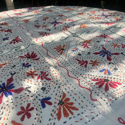 cream tablecloth with colorful hand embroidery