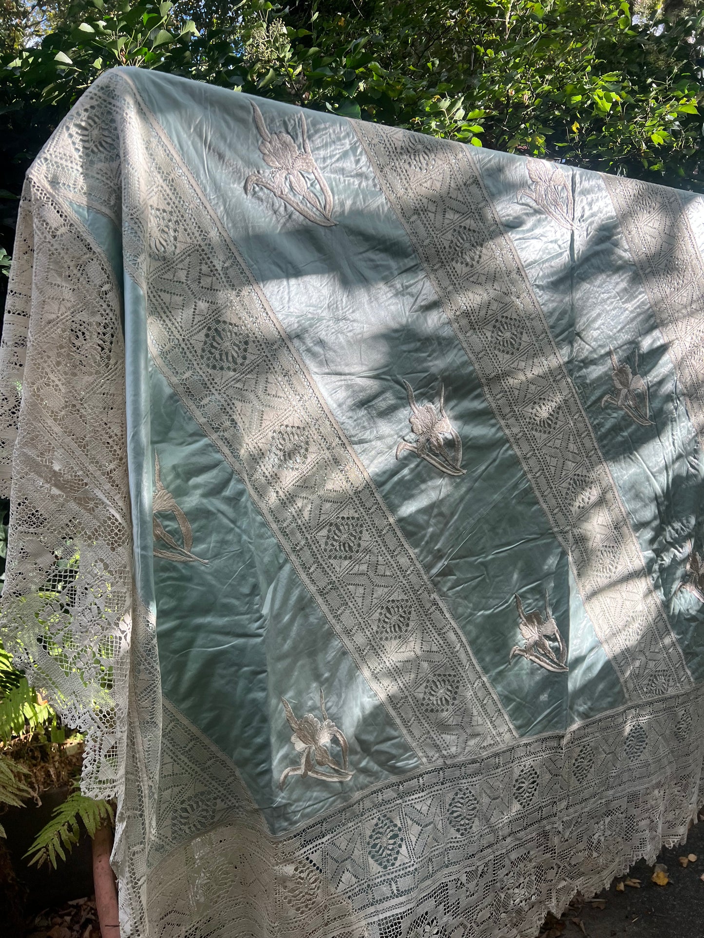 Vintage silk and lace bed coverlet