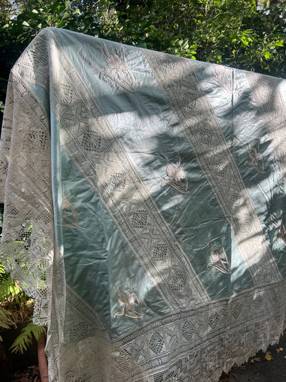 Vintage silk and lace bed coverlet
