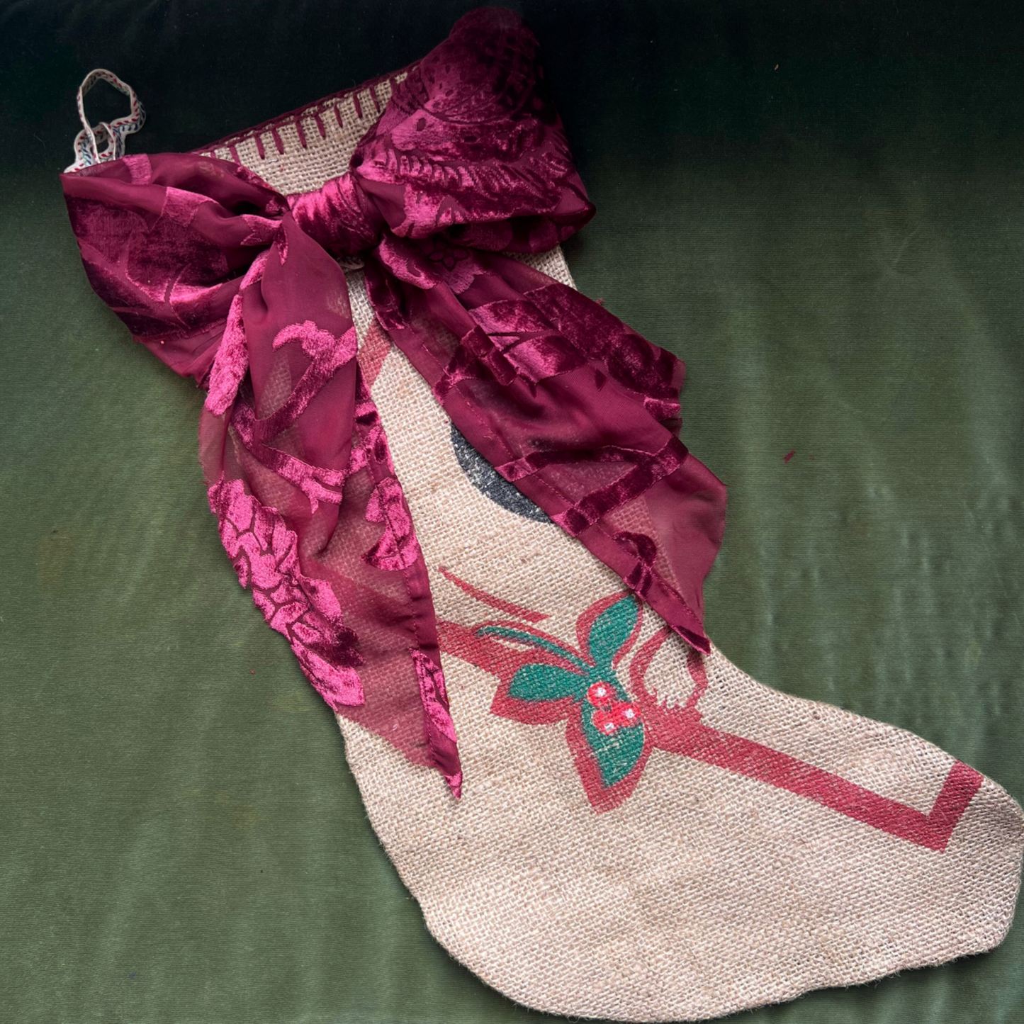 Made by Judith's; burlap sack stocking