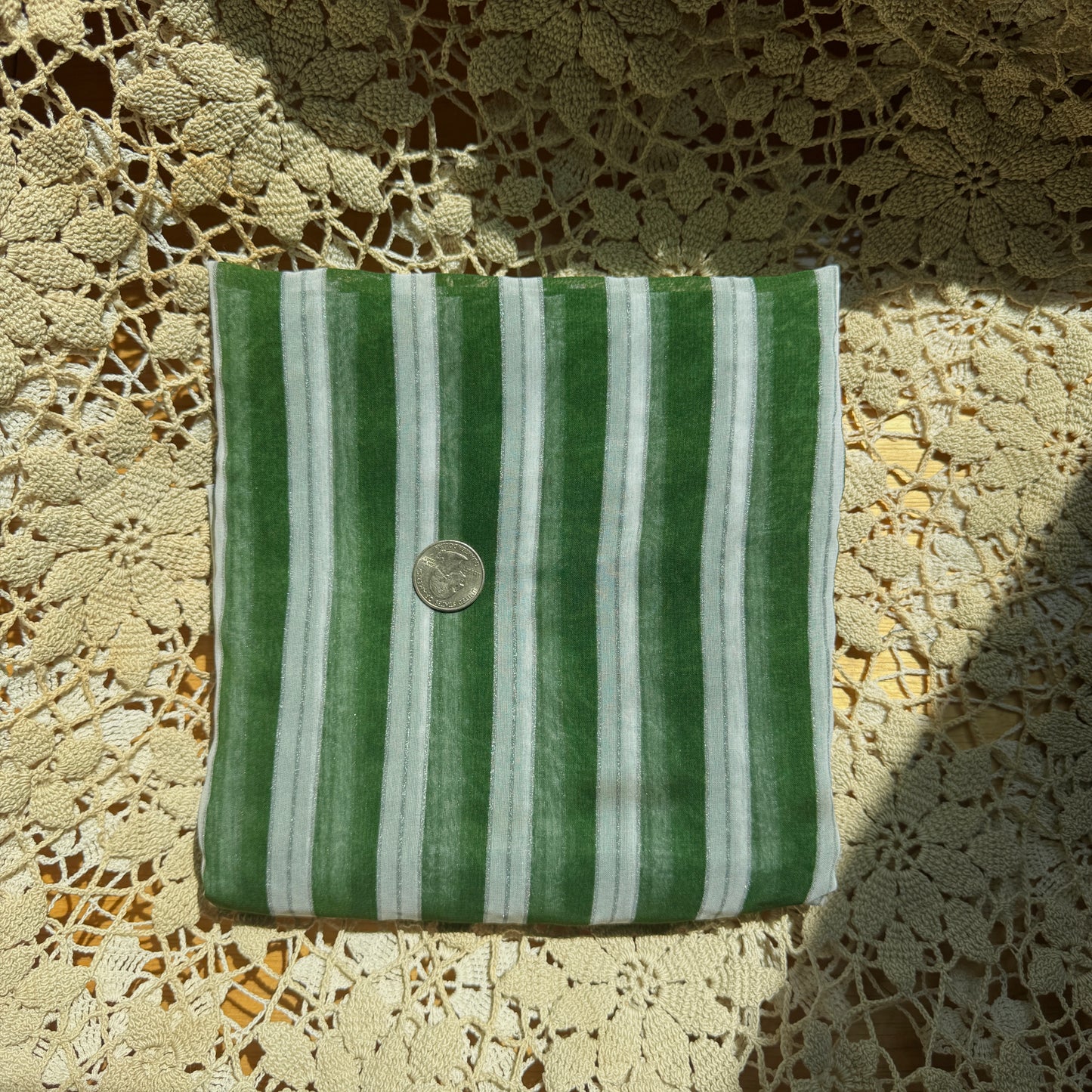 2 Finished Pieces of Sheer Green Striped Fabric
