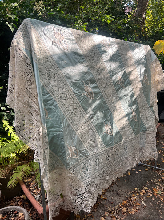 Vintage silk and lace bed coverlet