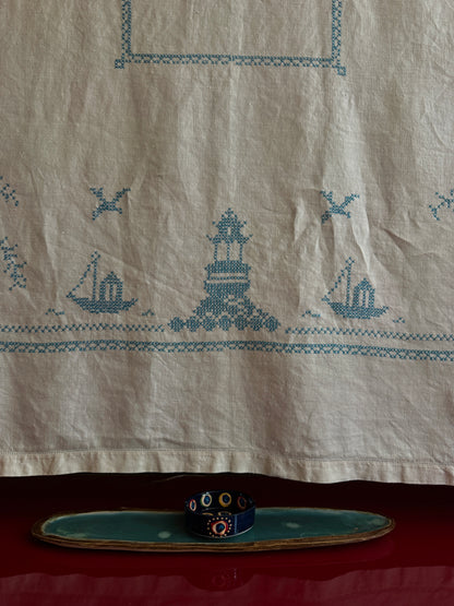 Vintage Linen Blue Cross Stitch Tablecloth