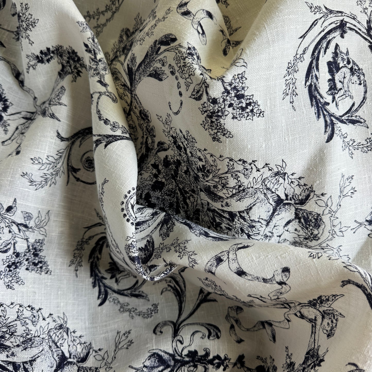 Vintage World Linen Cherub Toile Linen (sold by the yard; 2.5 x 61 “avail)