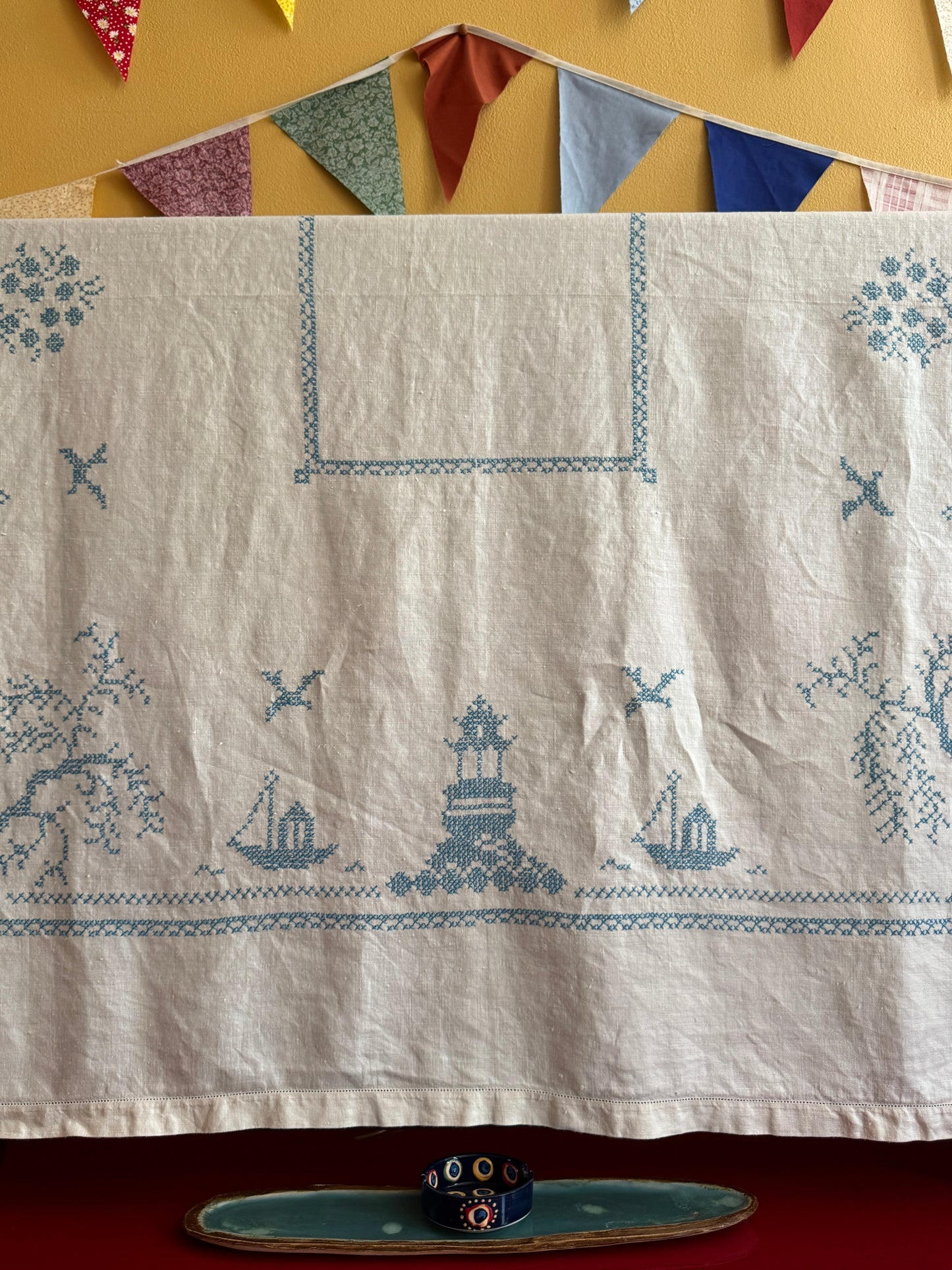 Vintage Linen Blue Cross Stitch Tablecloth