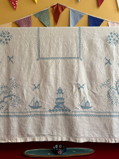 Vintage Linen Blue Cross Stitch Tablecloth