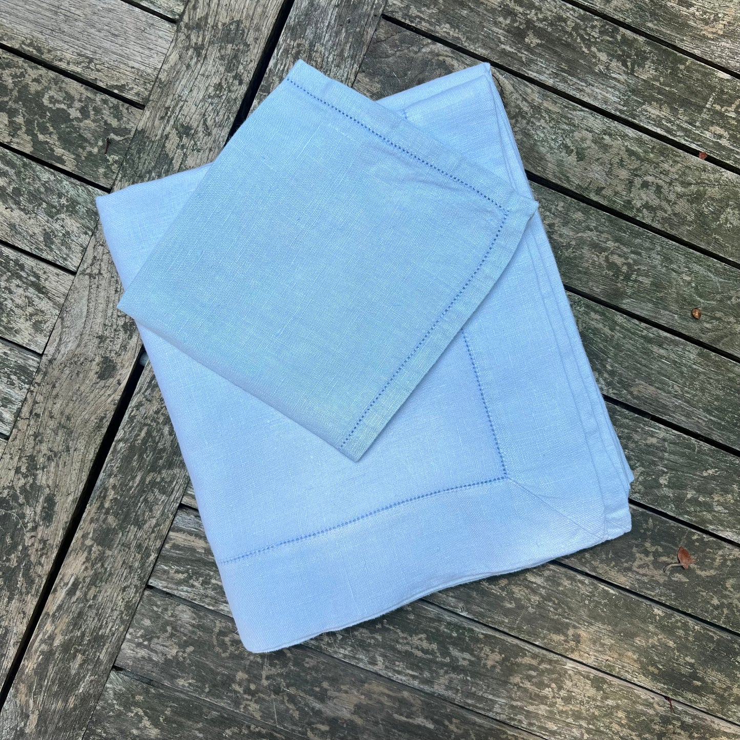 Baby blue linen tablecloth & napkins