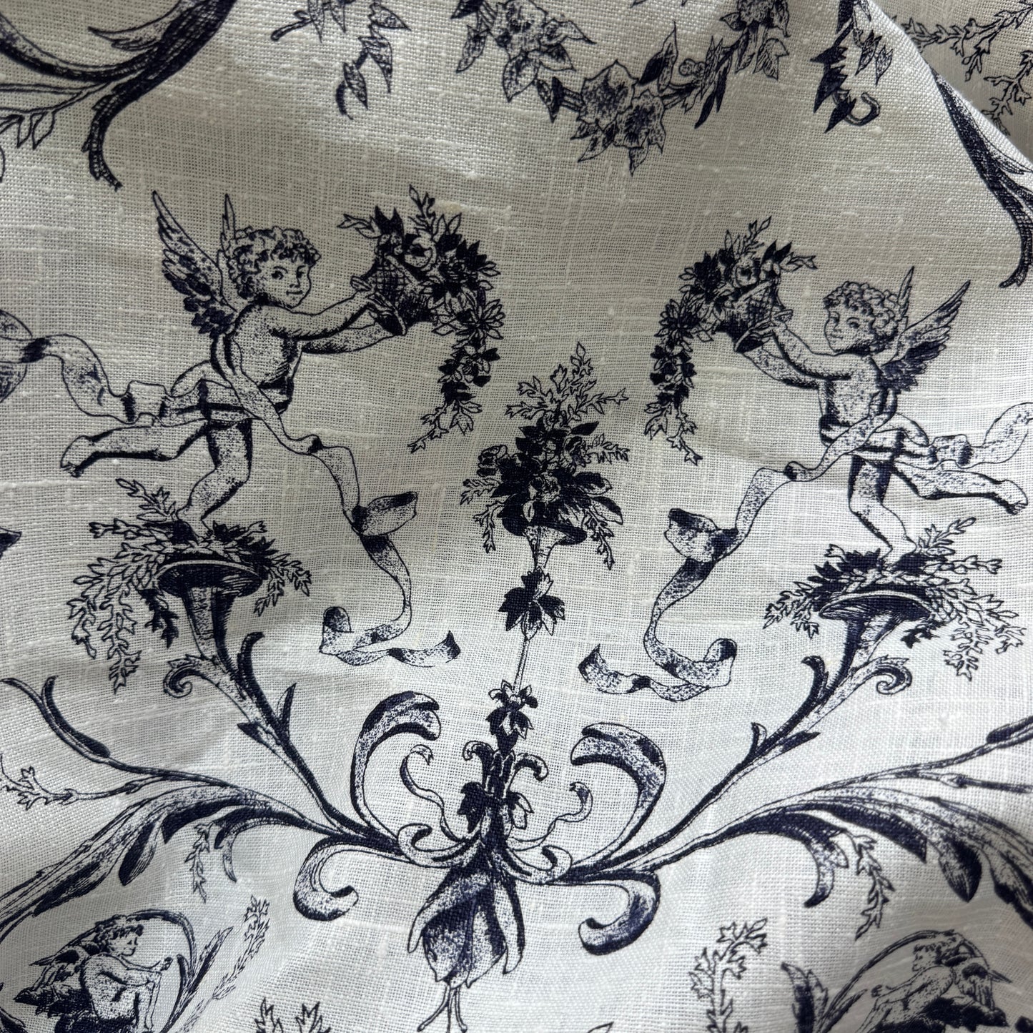 Vintage World Linen Cherub Toile Linen (sold by the yard; 2.5 x 61 “avail)