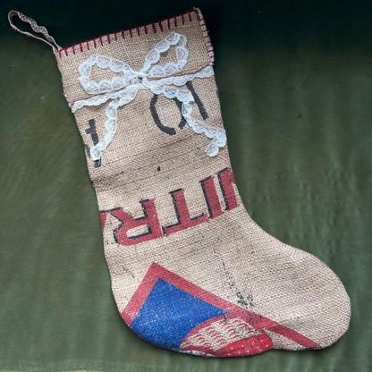 Made by Judith's; burlap sack stocking