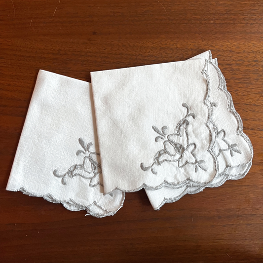 vintage white and grey embroidered napkins (set of 3)