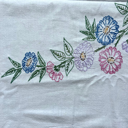 White linen feel tablecloth with colorful flower embroidery