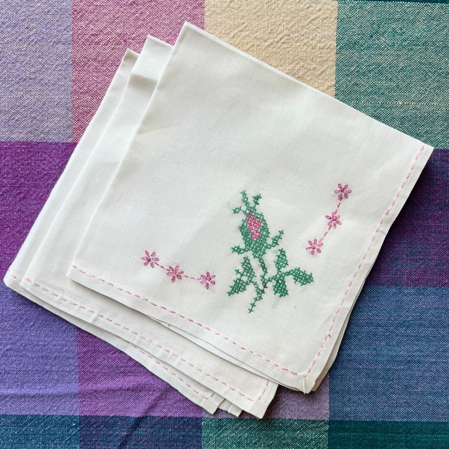 pink & green cross stitch napkins(set of 3)