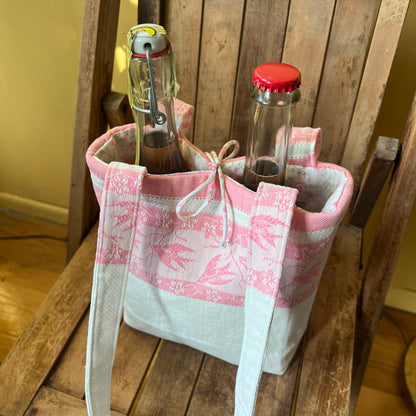 Up cycled tea towel wine tote; Made By Judith's