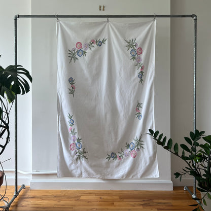 White linen feel tablecloth with colorful flower embroidery