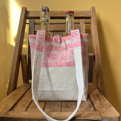 Up cycled tea towel wine tote; Made By Judith's