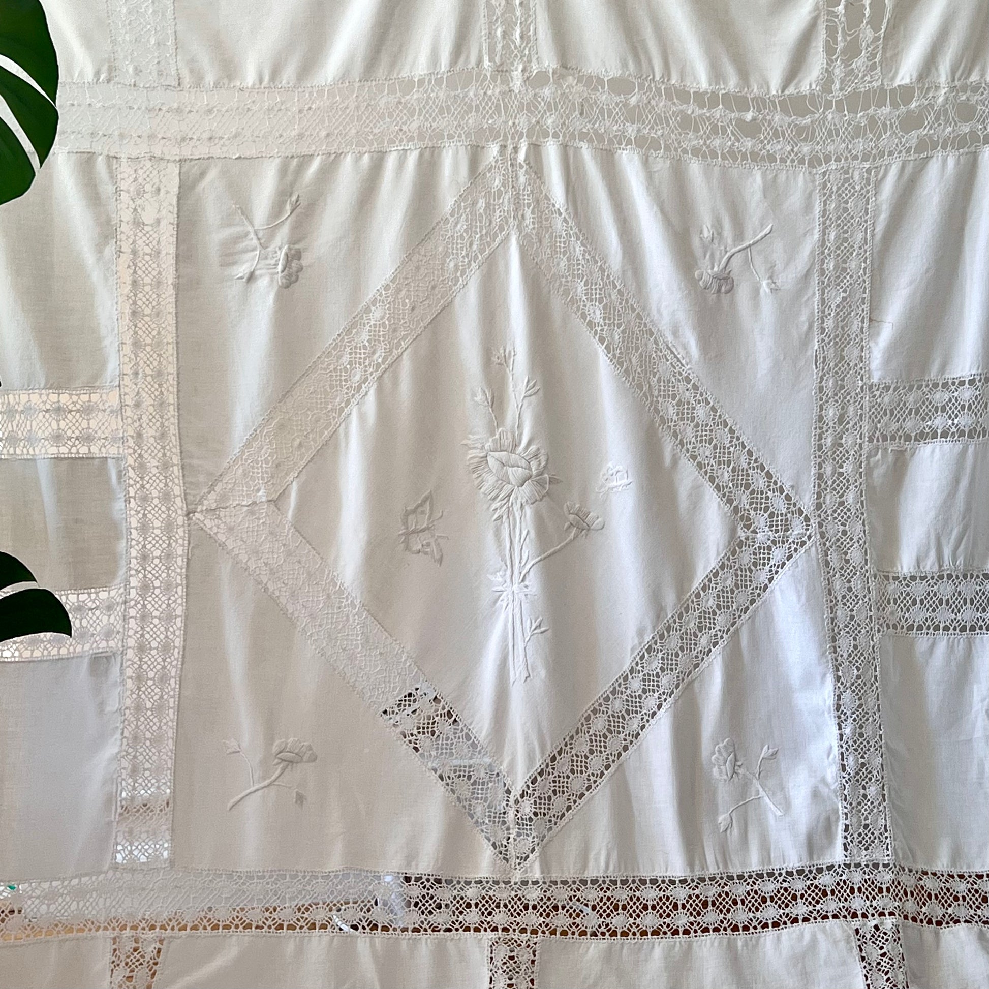 Large cotton tablecloth with crochet and embroidery