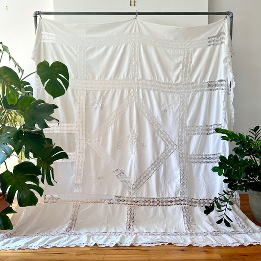 Large cotton tablecloth with crochet and embroidery